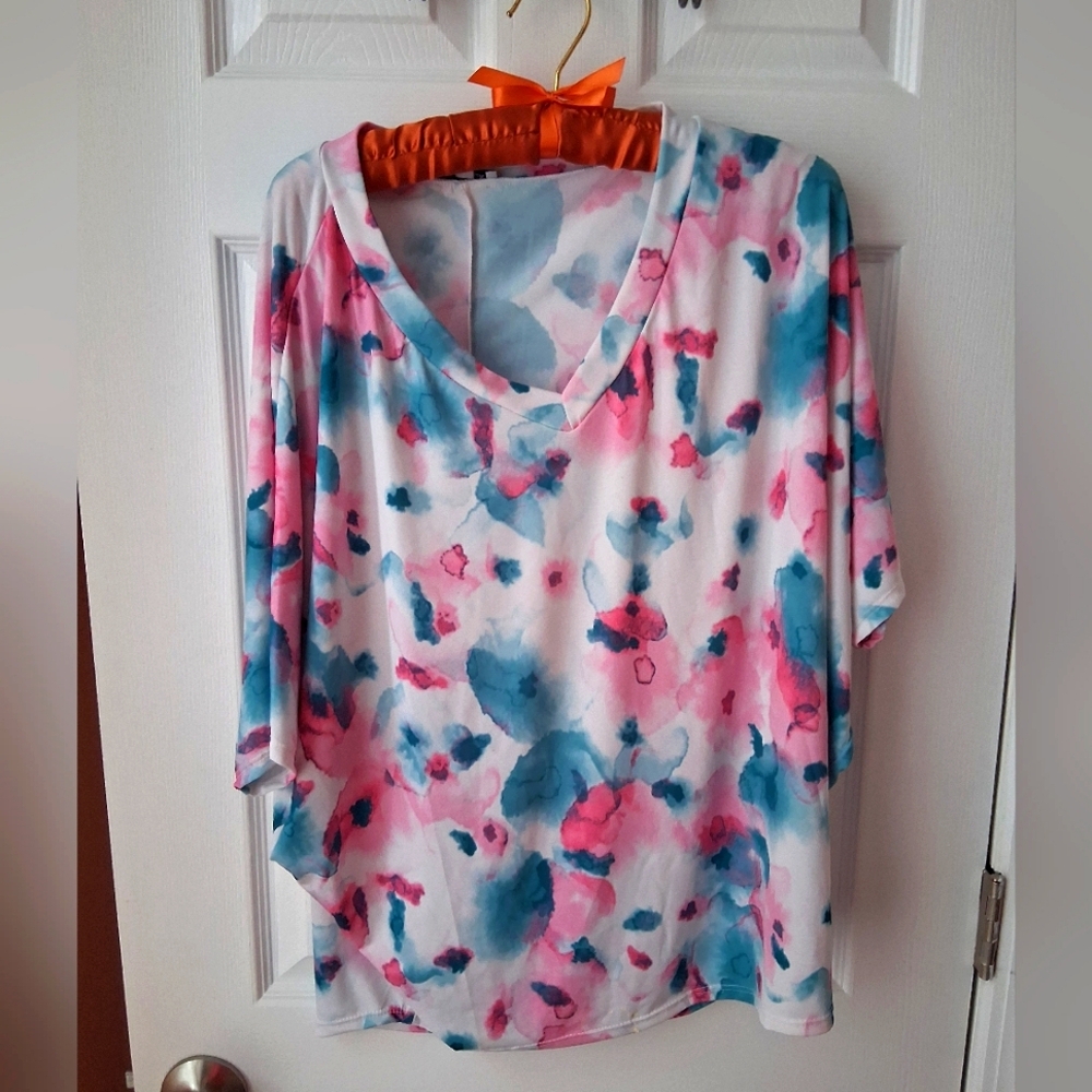 Women's Multicolor Abstract Top White Birch LARGE EUC